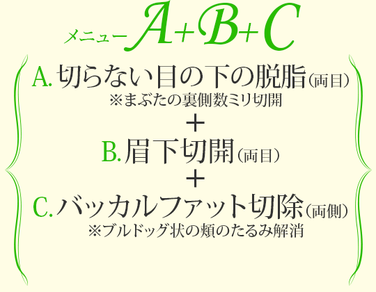 メニューA+B+C 切らない目の下の脱脂(両目)＋眉下切開(両目)＋バッカルファット切除(両目)